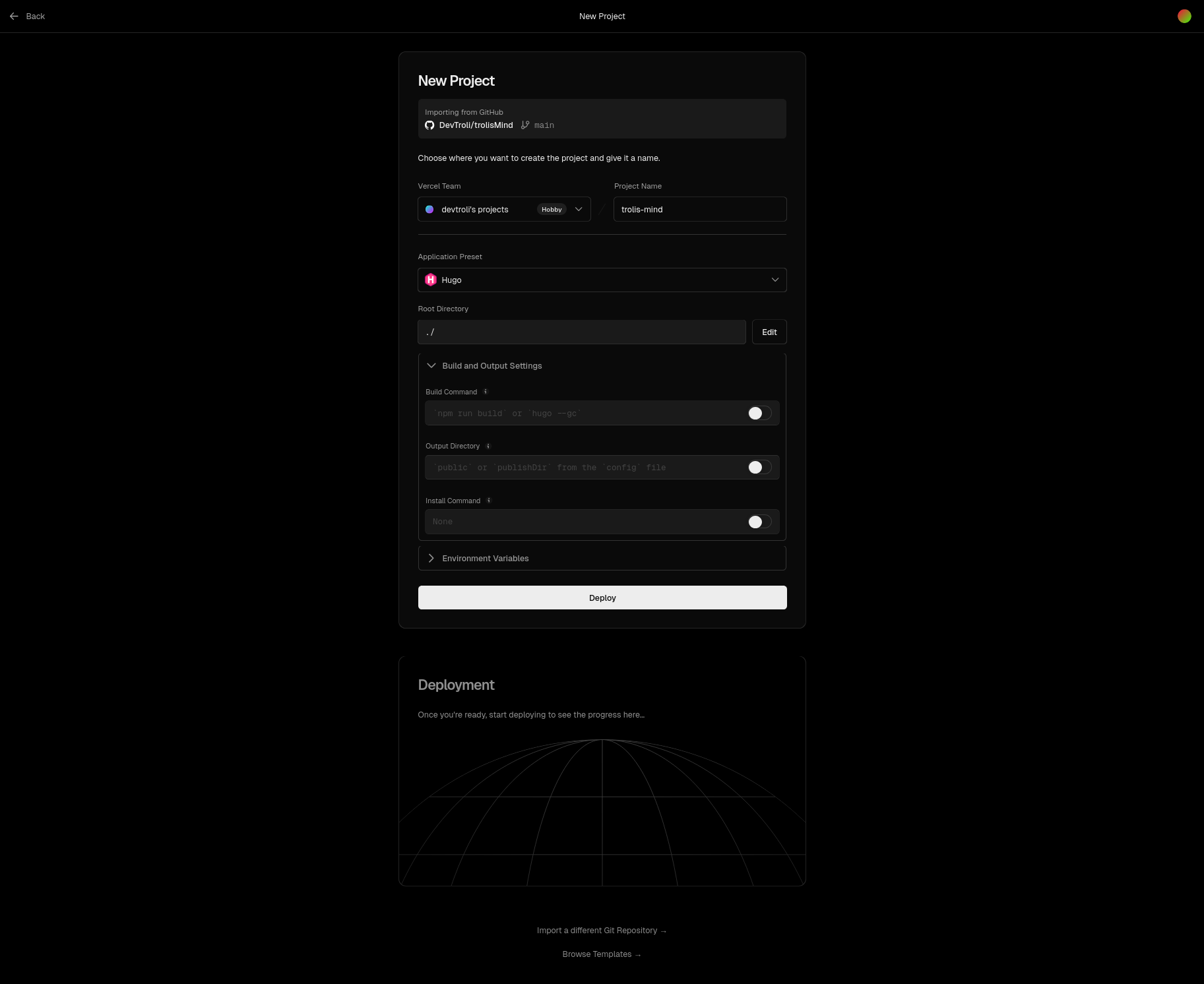 Screenshot: Build settings na Vercel